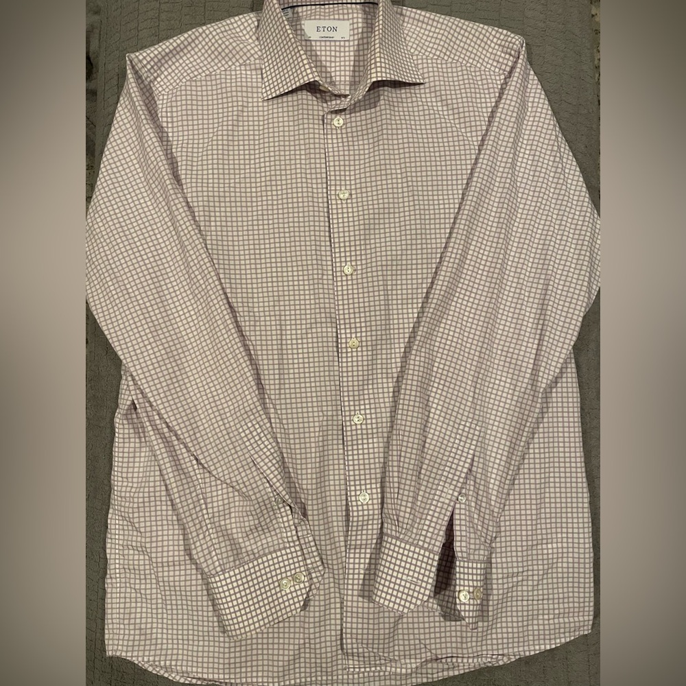 Eton Men's Dress Shirt - White and Purple  Brown Check Size 42